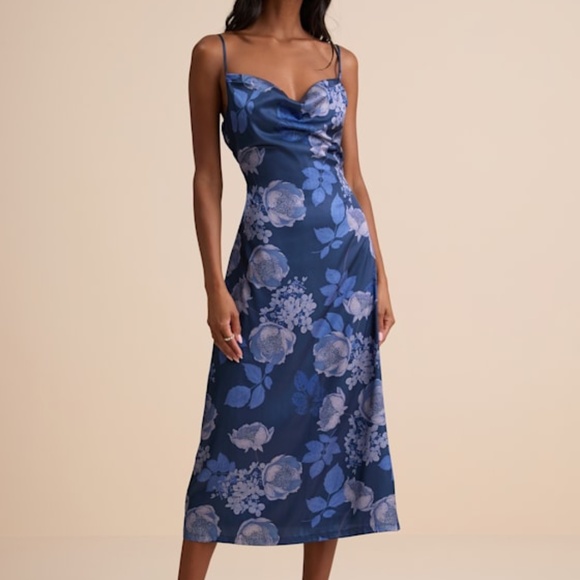 Lulus Favorite Icon Dark Blue Floral Satin Cowl Neck Slip Midi Dress - Size L - Picture 1 of 1